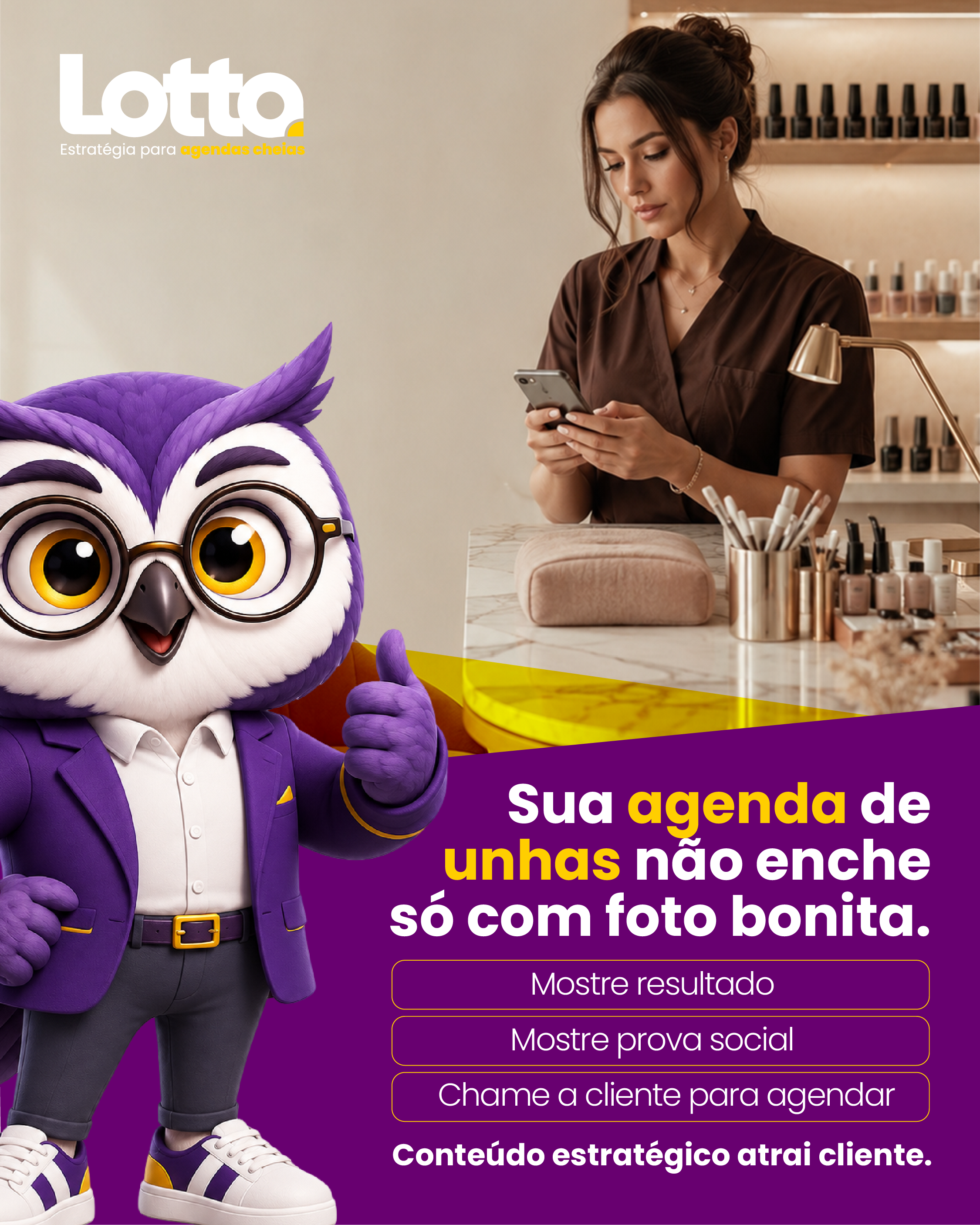 Mascote da Lotta ao lado de uma profissional da beleza